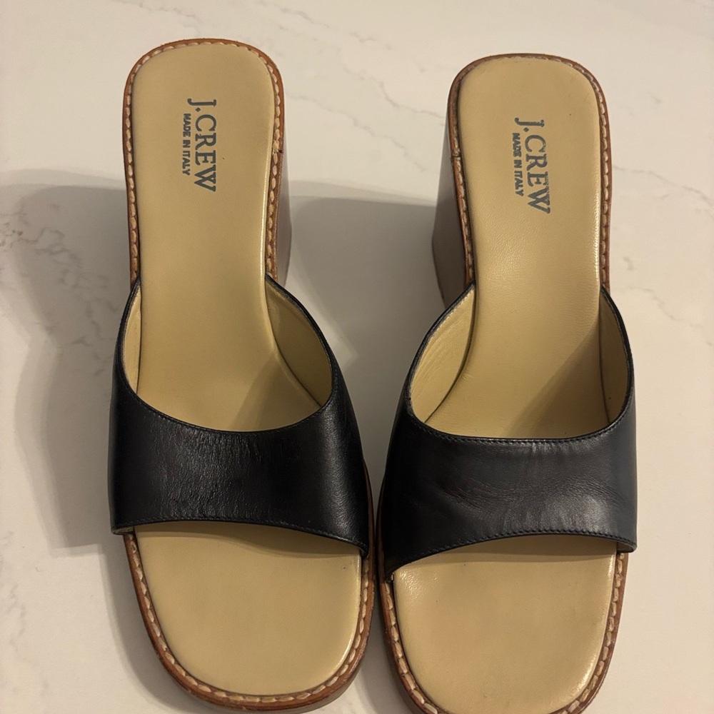 J. Crew Black and Tan Leather Wedge Sandals
